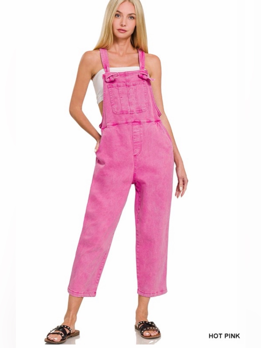 ZENANA WASHED KNOT STRAP RELAXED FIT OVERALLS - Hot Pink